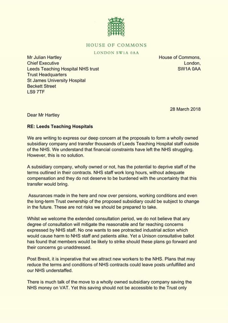 Letter to Leeds Teaching Hospitals NHS Trust