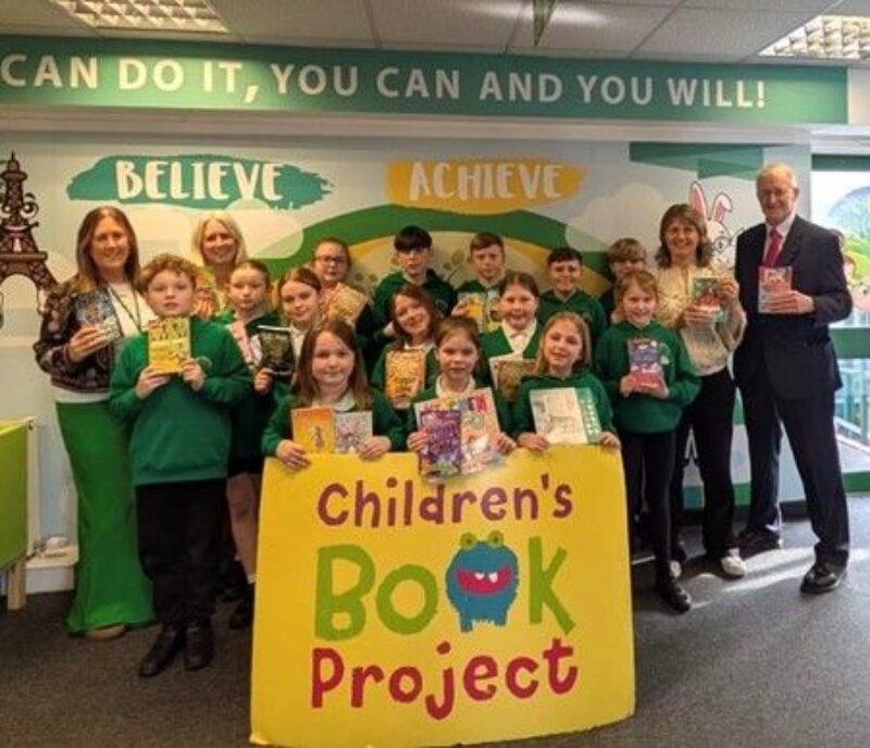 Hilary visiting Westwood Primary School in Middleton to support the Children’s Book Project which distributes books to children in schools
