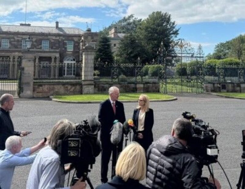 Hilary with Lucy Rigby, then Chief Secretary to the Treasury, at the Northern Ireland all-party talks on the Budget at Hillsborough Castle